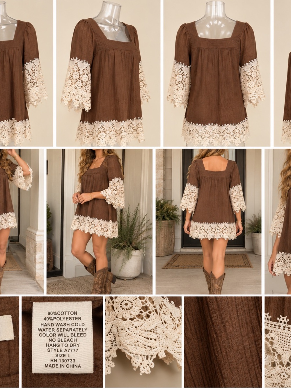 Brown Crochet Lace Trim Boho/Western Tunic Dress – Size L